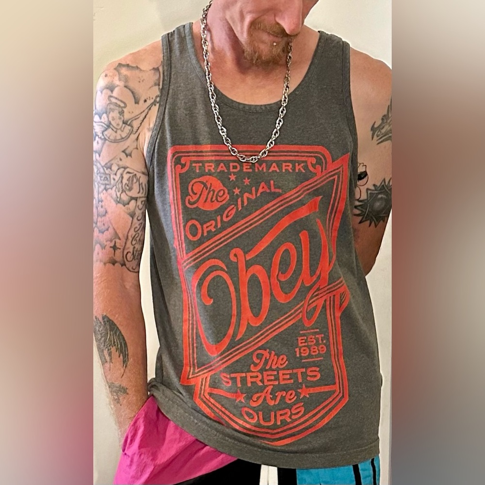 OBEY Size M Tank Gray with Red Appliqué The Streets Are Ours Est 1989 Vintage